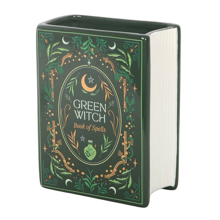 Vase en forme de livre de sorcière verte