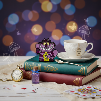 Pin morado del gato de la suerte "Gato de Cheshire"
