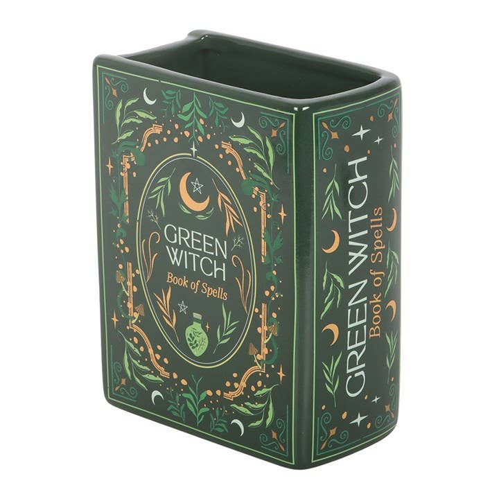 Vase en forme de livre de sorcière verte